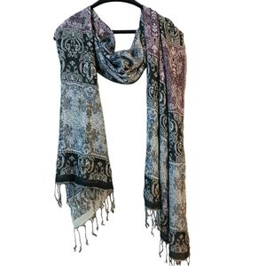 CHICO'S Fringed Moroccan Inspired Print Oversized Shawl Wrap w Beaded Accents OS